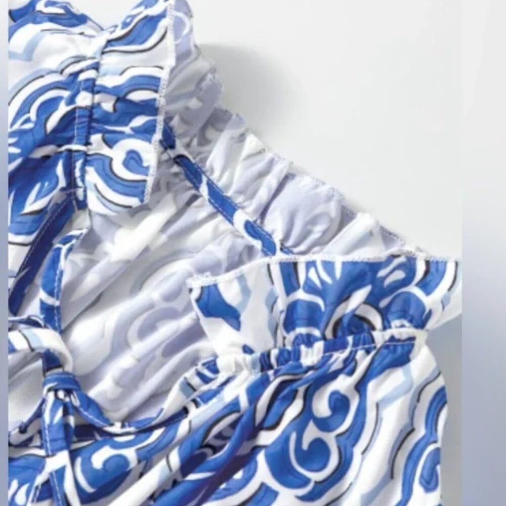 Blue Patterned Ruffle Mini Dress - Picture 3 of 6